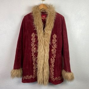 Vintage 90s Penny Lane Afghan suede leather shag fur trim coat jacket
